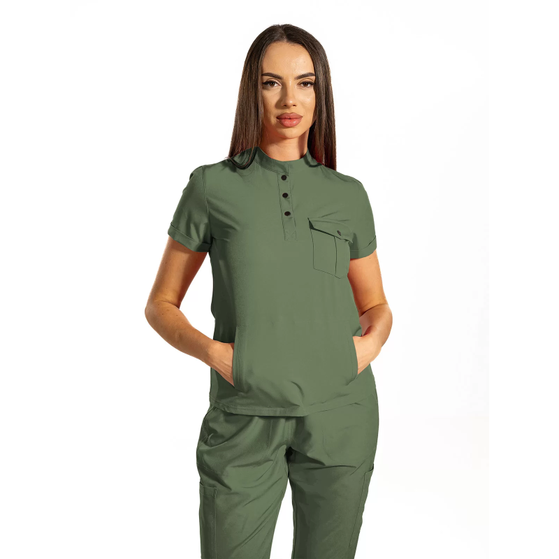 Bluza medicala dama tip polo cu marsupiu